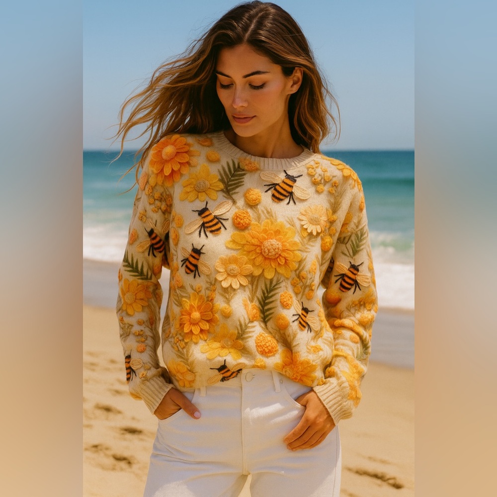 NWOT Whimsical Summer Garden Floral Bumble Bee Colourful Sweater Orange Yellow